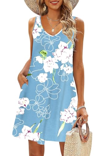 AUSELILY Strandkleid Damen Leicht Sommerkleid Knielang Elegant Festliche Kleider V Ausschnitt Ärmellose Boho Kleid mit Taschen Floral Hellblau M von AUSELILY