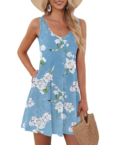 AUSELILY Sommerkleid Damen Ärmellose Strandkleid Leicht Swing Kleid V Ausschnitt Mini Kleid mit Taschen Florales Hellblau M von AUSELILY