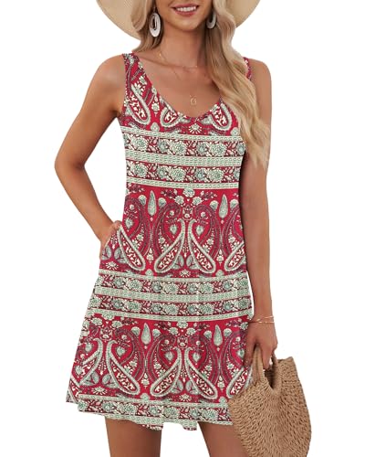 AUSELILY Sommerkleid Damen Ärmellose Strandkleid Leicht Swing Kleid V Ausschnitt Mini Kleid mit Taschen Blaue Blume Rot L von AUSELILY
