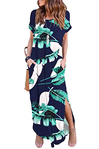 AUSELILY Sommer Kleid Damen Lange Kurzarm Maxikleid mit Schlitz Boho Rundhals Freizeitkleid T-Shirt-Kleid Strandkleid mit Taschen Blau Drucken M von AUSELILY