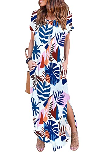 AUSELILY Sommer Kleid Damen Lange Kurzarm Maxikleid mit Schlitz Boho Rundhals Freizeitkleid T-Shirt-Kleid Strandkleid mit Taschen Blauer Wegerich M von AUSELILY