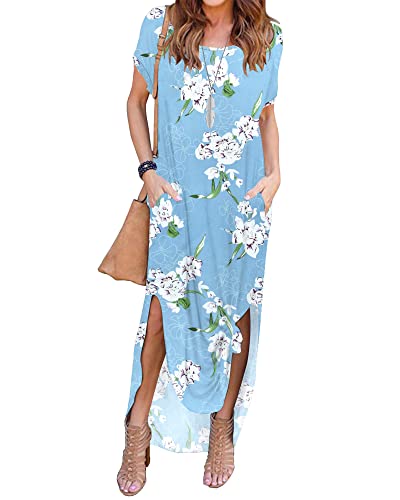 AUSELILY Sommer Kleid Damen Lange Kurzarm Maxikleid mit Schlitz Boho Rundhals Freizeitkleid T-Shirt-Kleid Strandkleid mit Taschen Blumen Hellblau L von AUSELILY