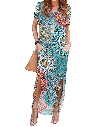 AUSELILY Sommer Kleid Damen Lange Kurzarm Maxikleid mit Schlitz Boho Rundhals Freizeitkleid T-Shirt-Kleid Strandkleid mit Taschen Grüner Druck L von AUSELILY