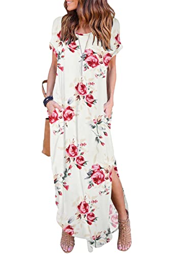 AUSELILY Sommer Kleid Damen Lange Kurzarm Maxikleid mit Schlitz Boho Rundhals Freizeitkleid T-Shirt-Kleid Strandkleid mit Taschen Rose Weiß M von AUSELILY