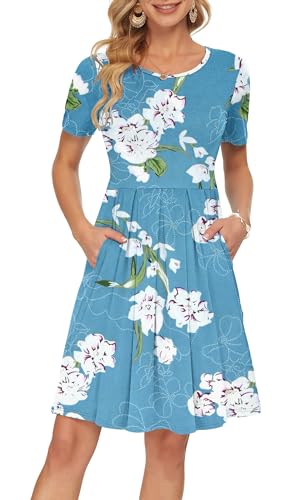 AUSELILY Sommerkleid Blumen hellblau Damen Casual Plissee Loose Swing Freizeitkleid mit Taschen Knielang M von AUSELILY