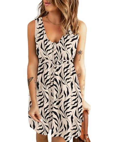 AUSELILY Sommerkleid Damen Ärmellos V-Ausschnitt Minikeid Casual Button Down Strandkleid mit Taschen Aprikosen Schwarzes Blatt M von AUSELILY