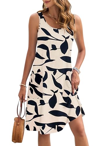 AUSELILY Sommerkleid Damen Ärmellose Midikleid Lässige Strandkleid Leichte Swing Tankkleid mit Taschen Schwarzes Blatt L von AUSELILY
