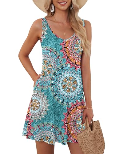 AUSELILY Sommerkleid Damen Ärmellose Strandkleid Leicht Swing Kleid V Ausschnitt Mini Kleid mit Taschen 01 Grün Drucken S von AUSELILY