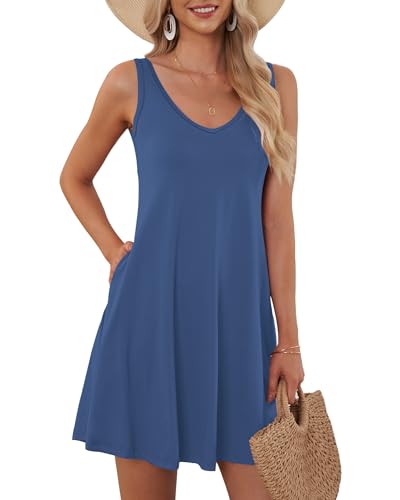 AUSELILY Sommerkleid Damen Ärmellose Strandkleid Leicht Swing Kleid V Ausschnitt Mini Kleid mit Taschen Beja Blau XL von AUSELILY