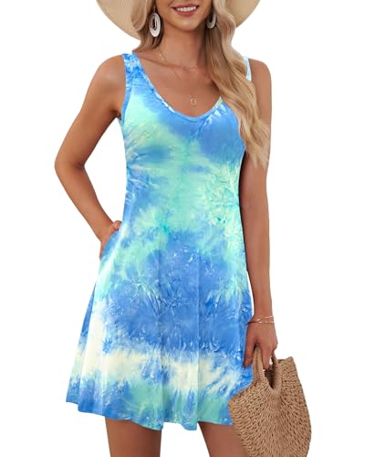 AUSELILY Sommerkleid Damen Ärmellose Strandkleid Leicht Swing Kleid V Ausschnitt Mini Kleid mit Taschen Blaugrünweiß gefärbt XL von AUSELILY