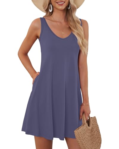 AUSELILY Sommerkleid Damen Ärmellose Strandkleid Leicht Swing Kleid V Ausschnitt Mini Kleid mit Taschen Lila Grau L von AUSELILY