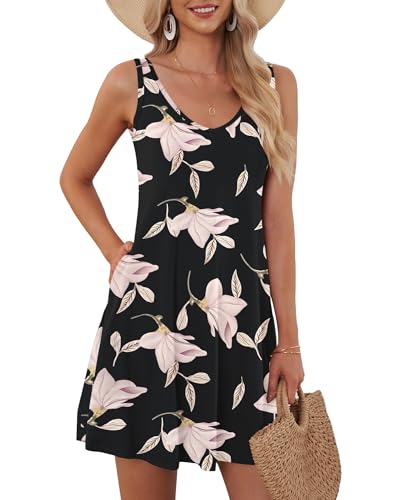 AUSELILY Sommerkleid Damen Ärmellose Strandkleid Leicht Swing Kleid V Ausschnitt Mini Kleid mit Taschen Morgenlatte S von AUSELILY