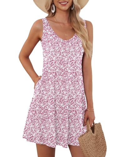 AUSELILY Sommerkleid Damen Ärmellose Strandkleid Leicht Swing Kleid V Ausschnitt Mini Kleid mit Taschen Rosa Blümchen 2XL von AUSELILY