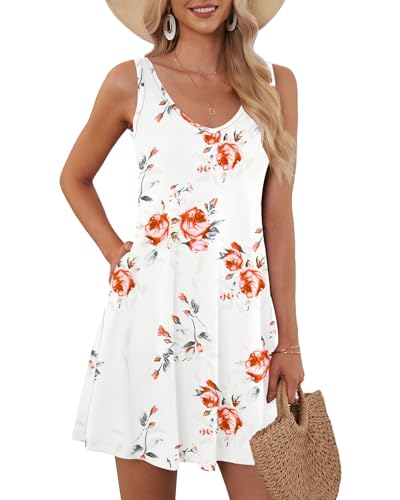 AUSELILY Sommerkleid Damen Ärmellose Strandkleid Leicht Swing Kleid V Ausschnitt Mini Kleid mit Taschen Rosenweiß XXL von AUSELILY