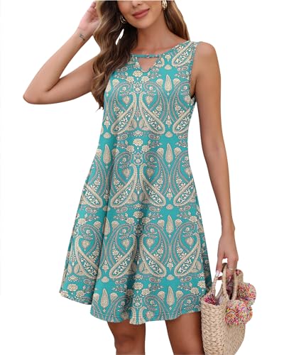 AUSELILY Sommerkleid Damen Ärmelloses Strandkleider Sommer Freizeitkleid mit Taschen (Neu Boho Floral Grün, M) von AUSELILY