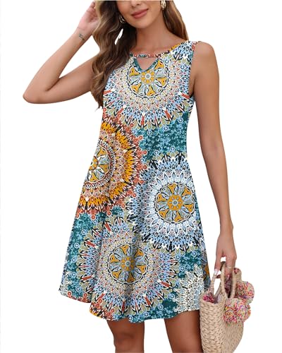 AUSELILY Sommerkleid Damen Ärmelloses Strandkleider Sommer Freizeitkleid mit Taschen (Print Grün, L) von AUSELILY