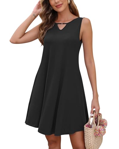 AUSELILY Sommerkleid Damen Ärmelloses Strandkleider Sommer Freizeitkleid mit Taschen (Schwarz, 2XL) von AUSELILY