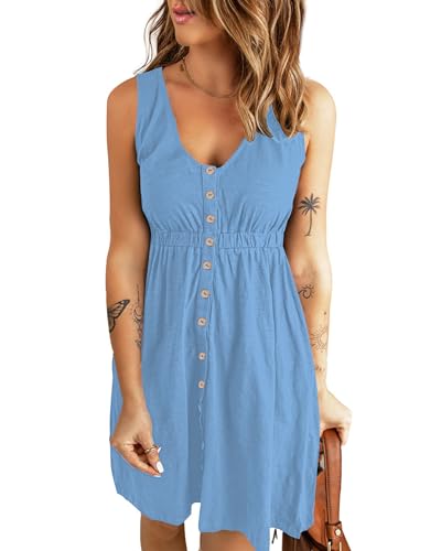AUSELILY Sommerkleid Damen Casual Button Down Mini Kleid Cute V Neck Strandkleid mit Taschen Blau L von AUSELILY
