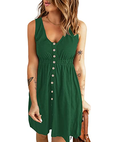 AUSELILY Sommerkleid Damen Casual Button Down Mini Kleid Cute V Neck Strandkleid mit Taschen Dunkelgrün XS von AUSELILY