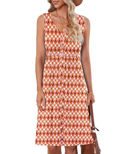 AUSELILY Sommerkleid Damen Casual Button Down Mini Kleid Cute V Neck Strandkleid mit Taschen Farbig Geometrisch 2XL von AUSELILY