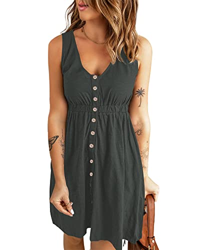 AUSELILY Sommerkleid Damen Casual Button Down Mini Kleid Cute V Neck Strandkleid mit Taschen Schwarz Grau 2XL von AUSELILY