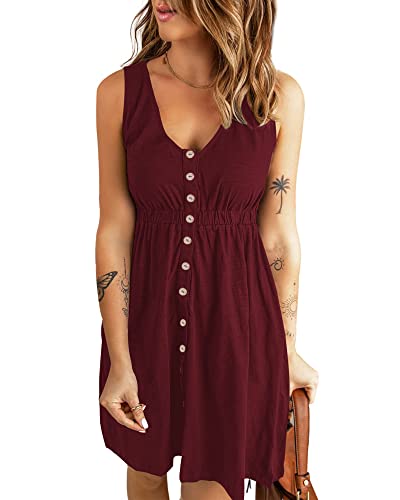 AUSELILY Sommerkleid Damen Casual Button Down Mini Kleid Cute V Neck Strandkleid mit Taschen Weinrot M von AUSELILY