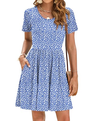 AUSELILY Sommerkleid Damen Elegant Rüschensaum Strandkleider Kurze Ärmel Freizeitkleid mit Taschen Blauer Fleck M von AUSELILY
