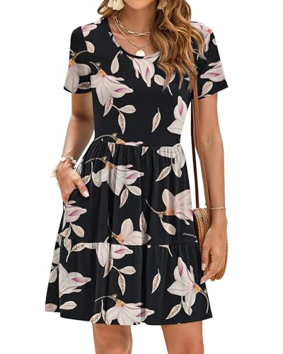 AUSELILY Sommerkleid Damen Elegant Rüschensaum Strandkleider Kurze Ärmel Freizeitkleid mit Taschen Morgenlatte M von AUSELILY