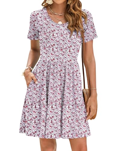 AUSELILY Sommerkleid Damen Elegant Rüschensaum Strandkleider Kurze Ärmel Freizeitkleid mit Taschen Rote Weiße Blume 2XL von AUSELILY