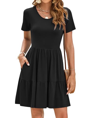 AUSELILY Sommerkleid Damen Elegant Rüschensaum Strandkleider Kurze Ärmel Freizeitkleid mit Taschen Schwarz XL von AUSELILY