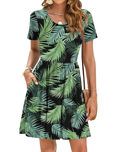 AUSELILY Sommerkleid Damen Elegant Rüschensaum Strandkleider Kurze Ärmel Freizeitkleid mit Taschen Schwarzes grünes Blatt M von AUSELILY