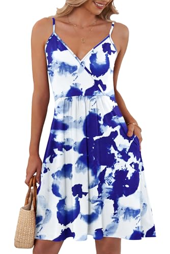 AUSELILY Sommerkleid Damen Große Größen V-Ausschnitt Elegant Freizeitkleid Strandkleid Spaghetti-Träge mit Taschen S-XXL（Blau Blume Weiß,XXL von AUSELILY