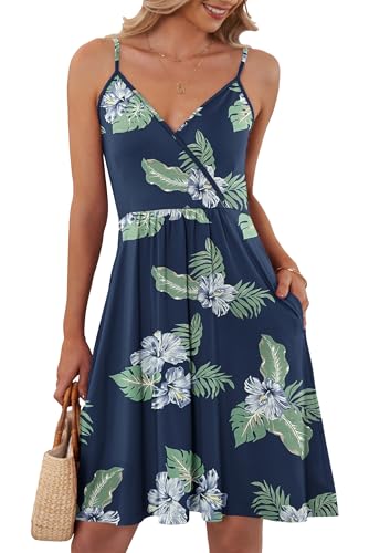 AUSELILY Sommerkleid Damen Große Größen V-Ausschnitt Elegant Freizeitkleid Strandkleid Spaghetti-Träge mit Taschen S-XXL（Marineblaue Blumen,XXL von AUSELILY