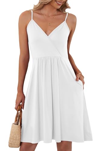 AUSELILY Sommerkleid Damen Große Größen V-Ausschnitt Elegant Freizeitkleid Strandkleid Spaghetti-Träge mit Taschen S-XXL（Weiß,XXL von AUSELILY