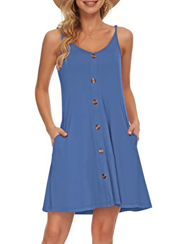 AUSELILY Sommerkleid Damen Kleider Spaghettiträger Knielang Strandkleid Freizeitkleider V Ausschnitt Leicht Kleider Sommer Mit Taschen Für Frauen(Beja Blue,L) von AUSELILY