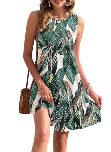 AUSELILY Sommerkleid Damen Kurz ärmellose Strandkleid Damen Rüschen Tankkleid Sommer Rundhalsausschnitt Swing Kleid mit Taschen Blattdruck L von AUSELILY