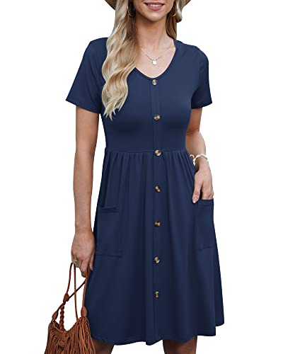 AUSELILY Kleider für Damen Rundhalsausschnitt Kurzarm A Linie Kleider Casual Loose Swing Sommerkleid mit Taschen Marineblau 2XL von AUSELILY