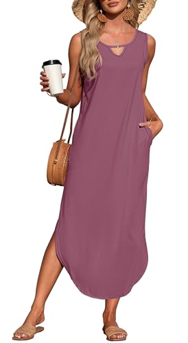 AUSELILY Sommerkleid Damen Lässige Ärmellos Schlitz Langkleider Strandkleid Elegant Party Freizeitkleid Mit Taschen Mauve XL von AUSELILY