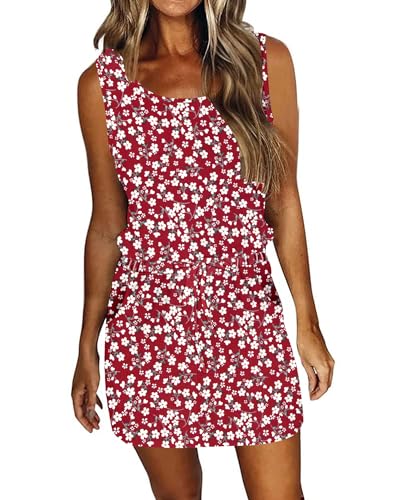 AUSELILY Strandkleid Damen Luftig Ärmellose Leichte Sommerkleider Kordelzug Hohe Taille Swing Mini Kleider mit Taschen von AUSELILY