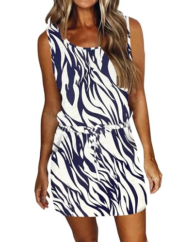AUSELILY Strandkleid Damen Luftig Ärmellose Leichte Sommerkleider Kordelzug Hohe Taille Swing Mini Kleider mit Taschen von AUSELILY