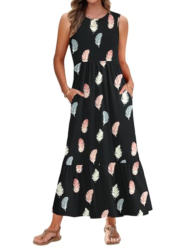 AUSELILY Sommerkleid Damen Lang Ärmelloses Maxikleid Damen Sommer Strandkleid Lange Rundhals Tank Top Kleider Leicht und Luftig mit Taschen Elastischer Taille Bunte Feder L von AUSELILY