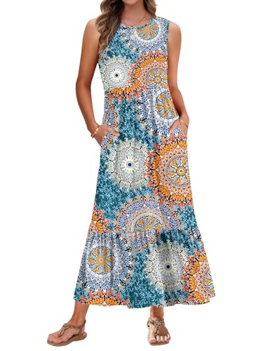 AUSELILY Sommerkleid Damen Lang Ärmelloses Maxikleid Damen Sommer Strandkleid Lange Rundhals Tank Top Kleider Leicht und Luftig mit Taschen Elastischer Taille Grün Drucken L von AUSELILY