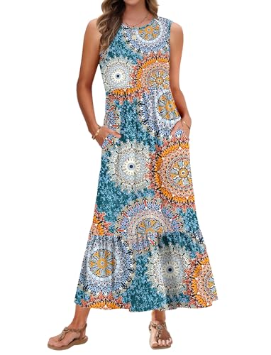 AUSELILY Sommerkleid Damen Lang Ärmelloses Maxikleid Damen Sommer Strandkleid Lange Rundhals Tank Top Kleider Leicht und Luftig mit Taschen Elastischer Taille von AUSELILY
