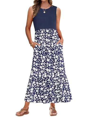 AUSELILY Sommerkleid Damen Lang Ärmelloses Maxikleid Damen Sommer Strandkleid Lange Rundhals Tank Top Kleider Leicht und Luftig mit Taschen Elastischer Taille Marineblauer Kosmos S von AUSELILY