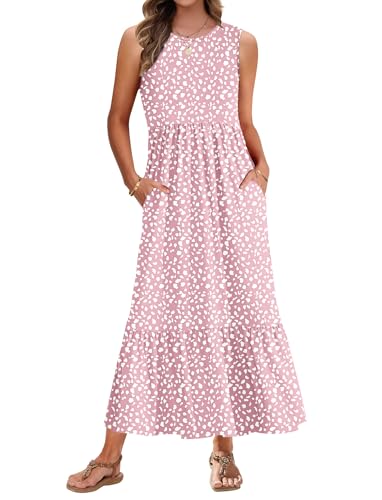 AUSELILY Sommerkleid Damen Lang Ärmelloses Maxikleid Damen Sommer Strandkleid Lange Rundhals Tank Top Kleider Leicht und Luftig mit Taschen Elastischer Taille Rosa Hufeisen XXL von AUSELILY