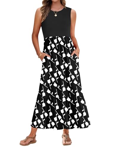 AUSELILY Sommerkleid Damen Lang Ärmelloses Maxikleid Damen Sommer Strandkleid Lange Rundhals Tank Top Kleider Leicht und Luftig mit Taschen Elastischer Taille Schwarz Weiße Tulpen XXL von AUSELILY