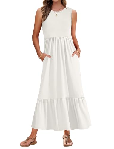 AUSELILY Sommerkleid Damen Lang Ärmelloses Maxikleid Damen Sommer Strandkleid Lange Rundhals Tank Top Kleider Leicht und Luftig mit Taschen Elastischer Taille von AUSELILY
