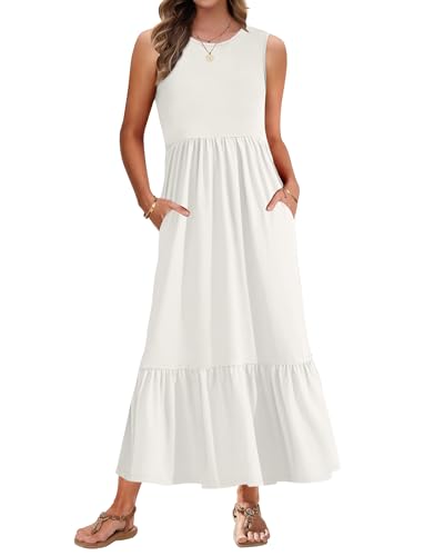 AUSELILY Sommerkleid Damen Lang Ärmelloses Maxikleid Damen Sommer Strandkleid Lange Rundhals Tank Top Kleider Leicht und Luftig mit Taschen Elastischer Taille Weiß M von AUSELILY