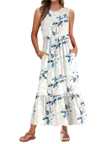 AUSELILY Sommerkleid Damen Lang Ärmelloses Maxikleid Damen Sommer Strandkleid Lange Rundhals Tank Top Kleider Leicht und Luftig mit Taschen Elastischer Taille Weiße Grüne Blume XXL von AUSELILY