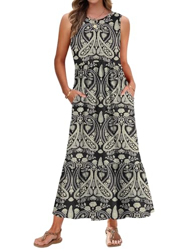 AUSELILY Sommerkleid Damen Lang Ärmelloses Maxikleid Sommer Strandkleid Lange Rundhals Tank Top Kleider Leicht und Luftig mit Taschen Elastischer Taille Boho Schwarz Blume XL von AUSELILY